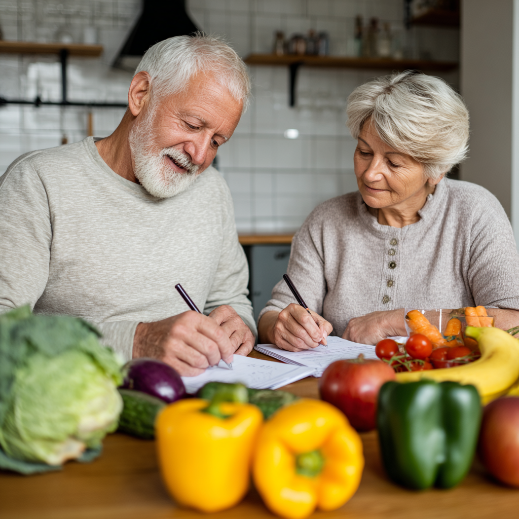 Adults planning balanced nutrition meals together
