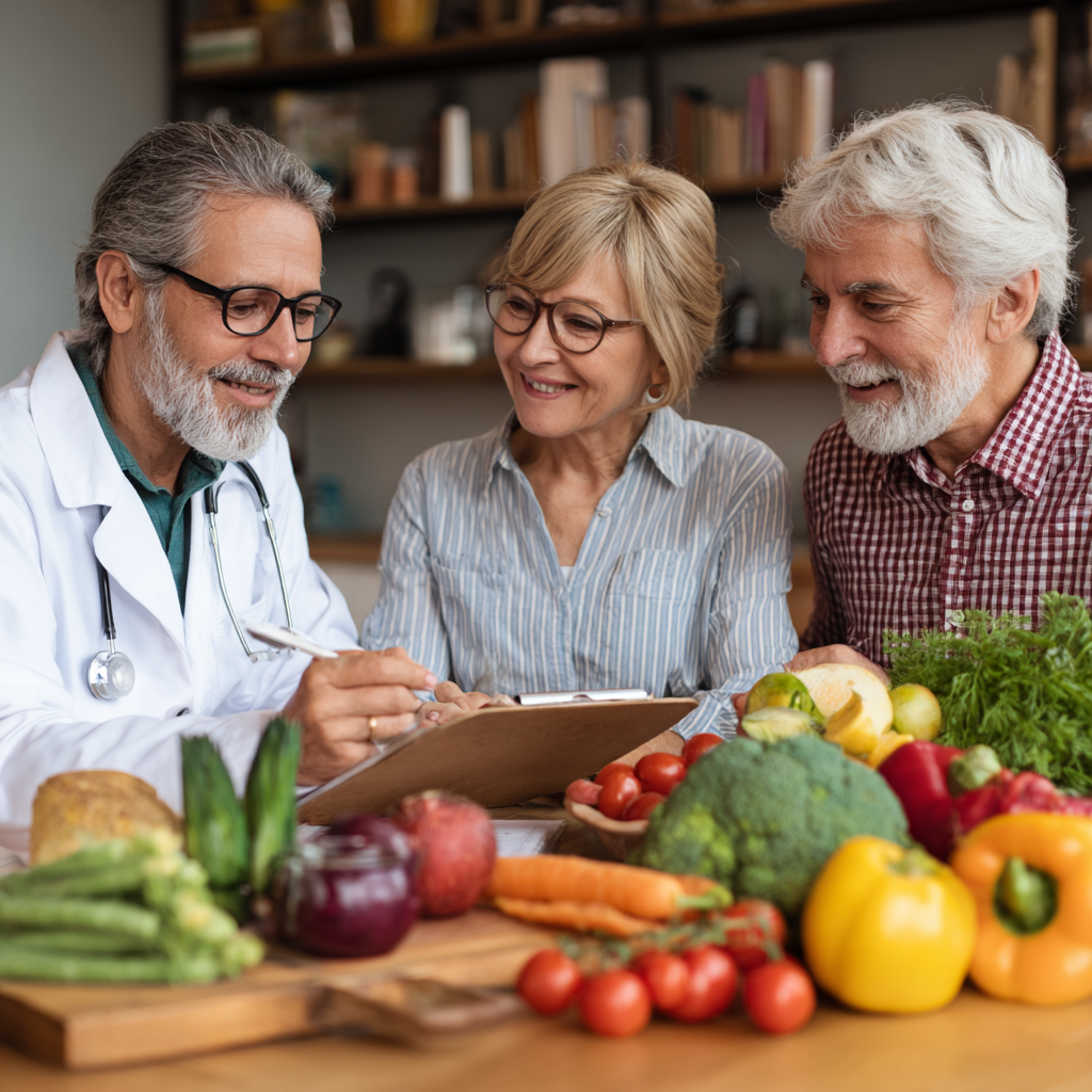 Nutritionist consulting with mature adults about personalized diet plans